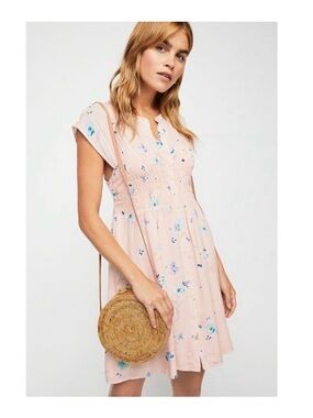 Free People Blush Pink Floral Smocked Mini Dress
